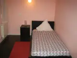 Cama individual con mesilla negra, radiador y alfombra roja en la habitación de paredes rosas